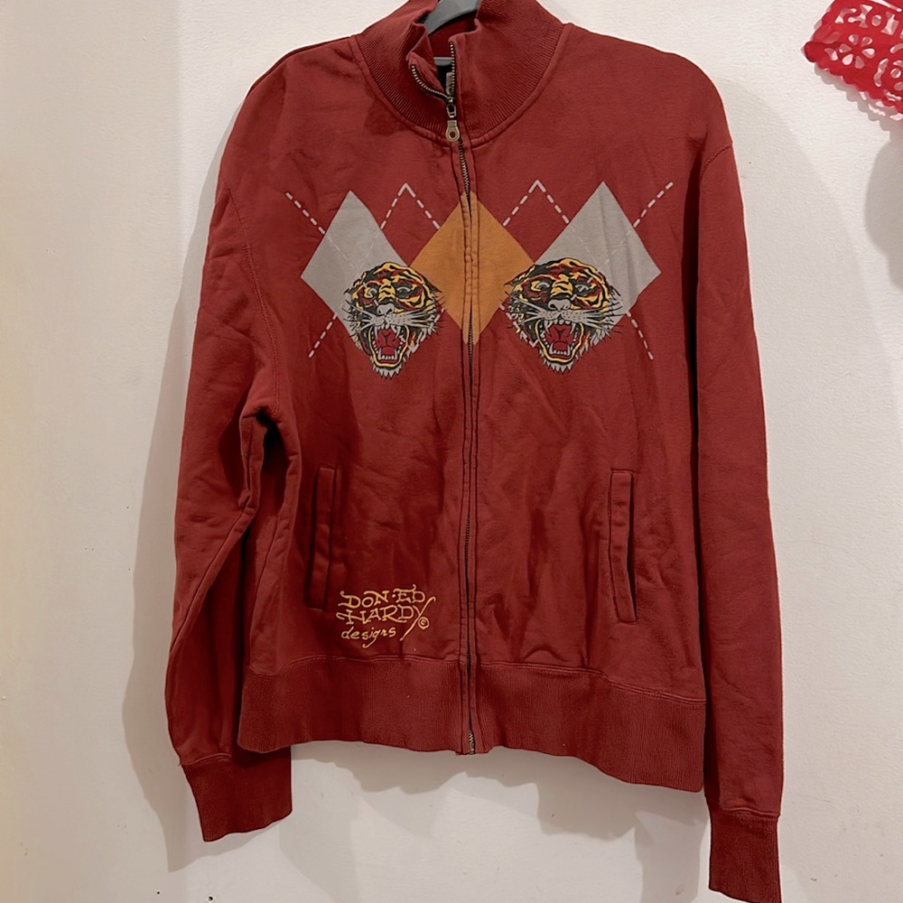 Ed Hardy Mens Full Zip Up Sweatshirt Size XL Red Tiger Vintage Rare